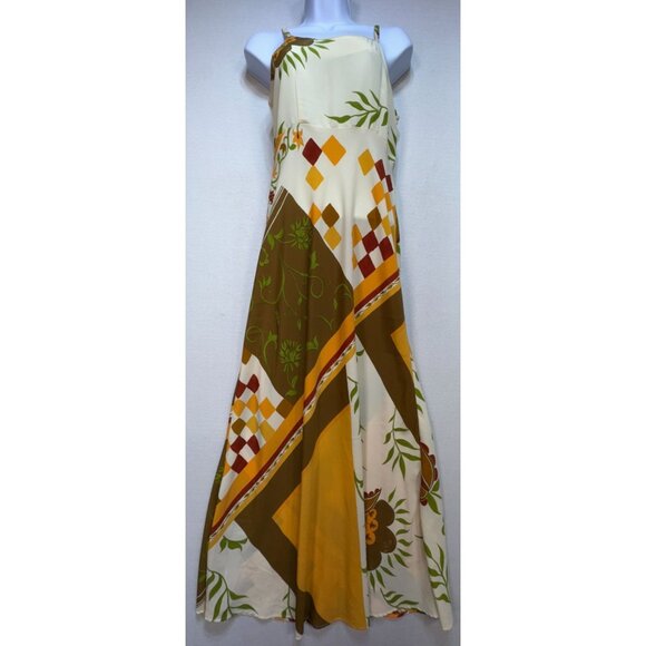 RUNVS Women's Long Maxi Dress Size S Multi Leaf Patchwork Sleeveless Back Tie - Picture 1 of 13